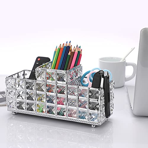 Hipiwe Crystal Remote Control Holder Bling Makeup Brush Holder Organizer Desktop Cosmetics Brushes Storage Cup Pen Pencil Storage Pot Cup for Dresser Bathroom Office, 3 Slot - style: 3-Slot, Silver