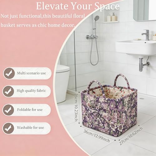 Quilted Laundry Basket with Handles - Multi-Purpose Fabric Storage Basket，Boho Fabric Storage Baskets with Handles for Car, Home & Nursery - Collapsible Square Organizer (Purple) - color: Purple