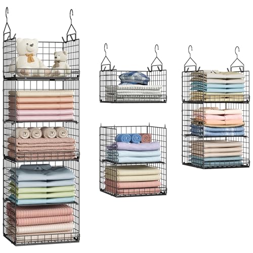 Yuyetuyo 5 Tier Closet Hanging Organizer and Storage Separable Hanging Closet Shelves with 4 Hooks 2 Adjustable Dividers, Wire Storage Basket Bins for Clothing Sweaters Socks Dolls Handbags, Foldable - color: Black, size: 5-Tier