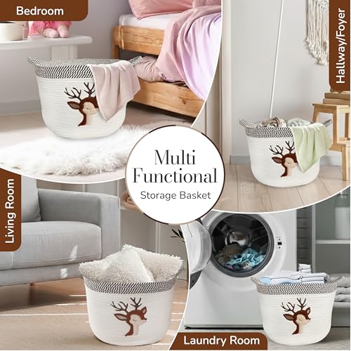 Deer Storage Basket for Nursery – Large 15”x11” Cotton Rope Bin with Soft Felt Animal Patch – Toy Organizer, Baby Laundry Hamper, Diaper & Towel Holder – Foldable, Washable & Baby-Safe - color: Deer