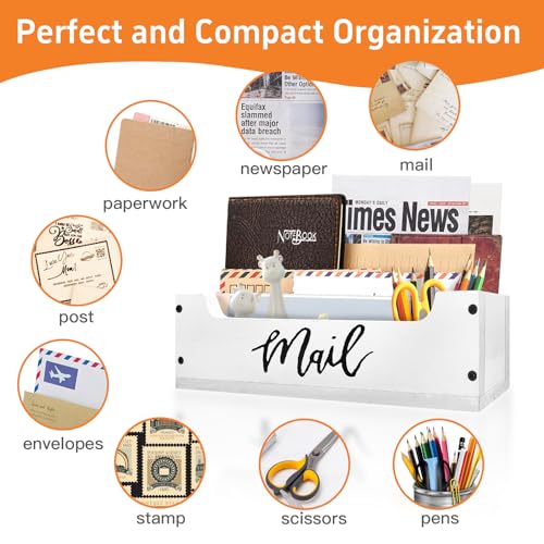 White Wooden Mail Organizer Countertop - Mail Organizer Wall Mounted, Office Mail Holder, Desktop Mail Basket for Counter, Letter Holder Box for Home Office Decor (White + Black, 3.15") - color: White & Black-2