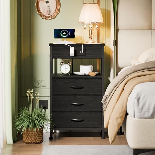 Furnulem Night Stand with Charging Station, 28.3 Inch Tall Side Table with Fabric Drawers and Storage Shelf, Bedside Table with USB Ports & Outlets, Nightstand for Bedroom, 3 Ways to Use, Black Oak - color: Black Oak, size: 3 Drawer