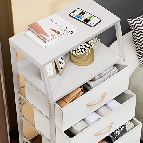 Furnulem White Dresser with 5 Drawers, Vertical Storage Tower Fabric Dresser for Bedroom, Hallway, Entryway, Nursery, Closet Organizer, Nightstand Bedside Table Furniture, Sturdy Steel Frame, Wood Top - color: White, style: 5 Drawers