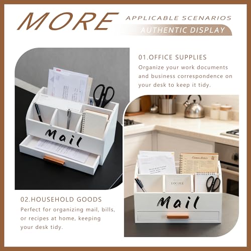 goprety Mail Organizer for Desk - Countertop Bill Holder with File Storage, Wooden Desktop with Drawers - Home & Office Mail Management System