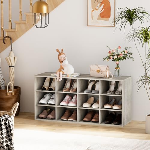 Garden 4 you Shoe Storage Bench, Cubby Shoe Rack with 12 Cubbies, 3-Tier Wood Shoe Rack Organizer, Shoe Organizer Cabinet for Entryway, Hallway, Closet and Garage, Grey - color: Grey, size: 12-cube 3-tier