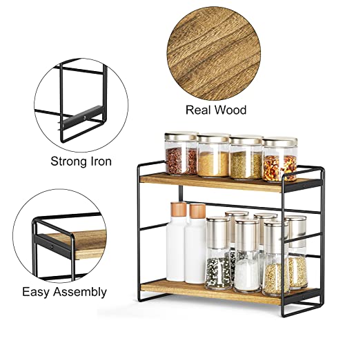 SRIWATANA 2 Pack Bathroom Counter Organizer, 2 Tier Countertop Organizers, Kitchen Counter Shelf Spice Rack Countertop Storage Wood Shelf - Carbonized Black