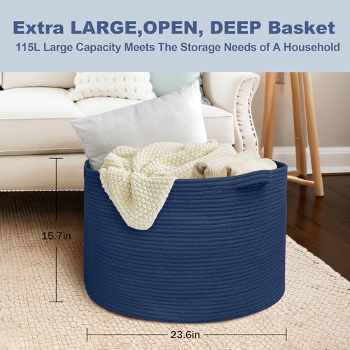MEGASKET 115L Dark Blue Basket for Organizing, 23.6" x 15.7" XXXL Woven Cotton Rope Laundry Basket, Oversized Blanket Storage for Living Room Bedroom, Kids Toy Box Organizer, Pool Towel Storage Bin - color: Dark Blue, size: 23.6"x23.6"x15.7"