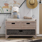 Fully Assembled Solid Acacia Wood Storage Bench - Shoe Organizer with 2 Drawers, Removable Basket & Padded Cushion, Rustic Entryway Bench (White Washed) - color: White Washed