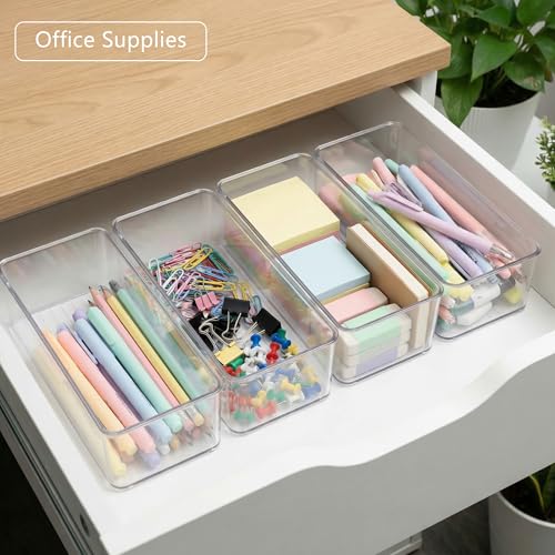 Qilinba 8 PACK Drawer Organizer Bins Bathroom Deep Drawer Silverware Organizers Clear Stackable Storage Bins for Vanity, Pantry, Office, Cabinet, Kitchen Counter Organization and Storage