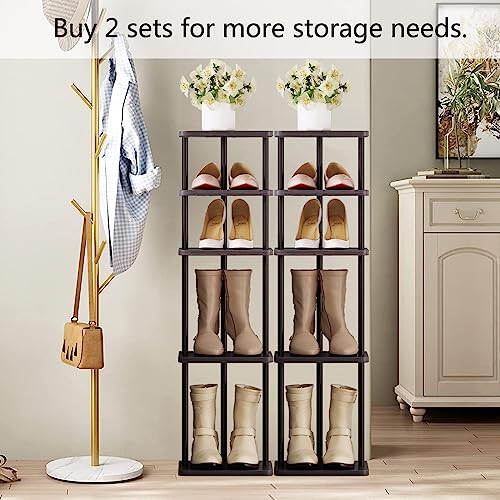 SORCEDAS 5 Tiers Vertical Shoe Rack Wooden Shoe Storage Organizer for Space Saving Narrow Shoe Shelf Storage 5 Pairs for Entryway Living Room Bedroom(Black + Rustic Dark Brown) - color: Black + Rustic Dark Brown, size: 5 Tier-Standard