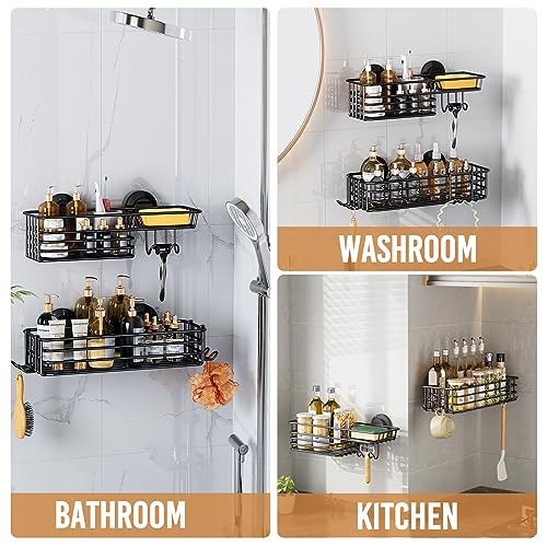 LEVERLOC Shower Caddy Suction Cup, 2 Pack Shower Shelves for Inside Shower with Hooks & Soap Holder, NO-Drilling Bathroom Shower Organizer, Rustproof Meatl Shower Holder Storage, Black - color: Black, size: 1 Medium & 1 Large