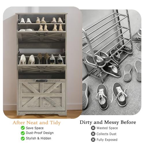 Shoe Storage Cabinet with 3 Flip Drawers, Farmhouse Shoe Organizer with Barn Door Design, Space-Saving Hidden Narrow Shoe Rack Cabinet for Entryway, Hallway & Foyer, Grey - color: Grey, size: 2 pcs-3 Flip Drawers