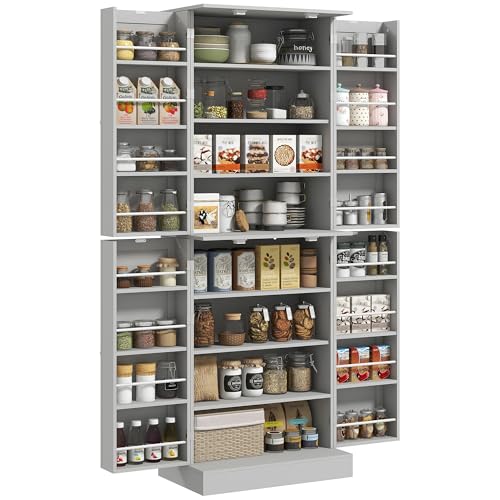 HOMCOM 65" Kitchen Pantry Storage Cabinet, Freestanding Kitchen Cabinet with 16 Door Shelves, Double Doors, 8-Tier Shelving and Adjustable Shelves, Gray - color: Grey, size: 65"H