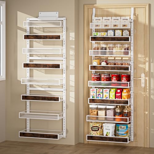8 Tier Over the Door Pantry Organizer 2 IN 1 Hanging or Wall Mounted Spice Rack with Adjustable Basket,Heavy Duty Seasonning Storage Shelf for Kitchen Pantry and Bathroom - color: White, size: 8 Tiers