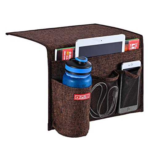 Zafit Linen 4 Pockets Bedside Caddy, Bedside Storage Organizer for Magazine, Remotes, Phone (Coffee) - color: Coffee, size: 4 Pockets