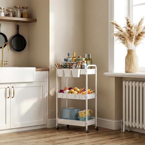 JAQ Makeup Carts, 3-Tier Metal Rolling Utility Storage Organizer Cart Shelf with Wheels for Craft Office Supplies Diapper Snack in Bathroom Kitchen Laundry Classroom Dorm -(3-Tier,White) - color: White /3-tier, size: Need Assembly