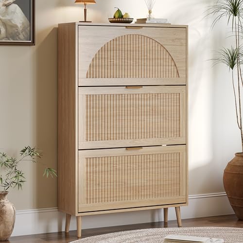 BORNOON Shoe Cabinet for Entryway with 3 Flip Drawers, Slim Wooden Shoe Storage Organizer with Modern Fluted Pannel，Freestanding Narrow Hidden Shoe Rack for Hallway, Foyer, Living Room - color: Oak, size: 3 Flip Drawers