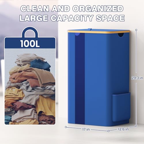 BlissTotes 100L Bamboo Laundry Hamper with Lid, Breathable Mesh Bag & Window, Portable, Moisture Resistant, Blue - color: Blue, size: 100L