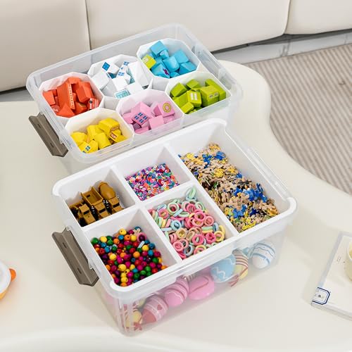 Citylife 17 QT Plastic Storage Box with Removable Tray and 6 Detachable Tall Inserts Craft Organizers and Storage Clear Storage Container for Organizing Crayon, Craft, Sewing, Playdoh, 2 Packs - size: 17 Qt- 2 Pack- W
