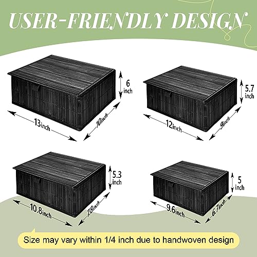 Wicker Basket With Lid Bamboo Storage Box for Shelf Bamboo Decor Storage Boxes With Lids-Rectangle Decorative Basket With Lid Organizer for Bedroom,Living Room (Set of 4,black) - color: Black