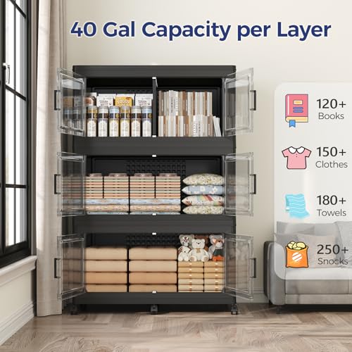 200GAL Storage Bins with Lid and Wheels, Stackable Closet Organizers and Storage Drawer, Collapsible Storage Box with Dividers, Foldable Plastic Cabinets for Room, Kitchen, 5 Pack Black - color: Black, size: 40Gal-5Pack