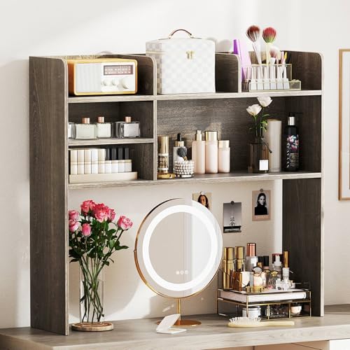 Tangkula Desktop Bookshelf for Computer Up to 32”, 37” Countertop Storage Hutch with 6 Storage Shelves, 3-Tier Desktop Organizer Display Rack, Wooden Desk Hutch for Dorm Home Office (Grey,6 Shelves) - color: Grey, size: 6 Shelves