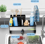 304 Stainless Steel Sink Caddy with Auto-Drain, Rustproof Sink Organizer, Sponge Holder with Removable Brush Holder & Towel Rack, Countertop Storage for Dish Soap Dispenser, Kitchen Sink Accessories