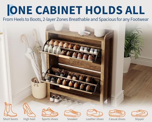 Garvee Farmhouse Rattan Shoe Cabinet, 32 Inch Narrow Shoe Storage with 2 Flip-Down Drawers, Freestanding Entryway Organizer with Adjustable Shelves, Brown - size: 2 doors