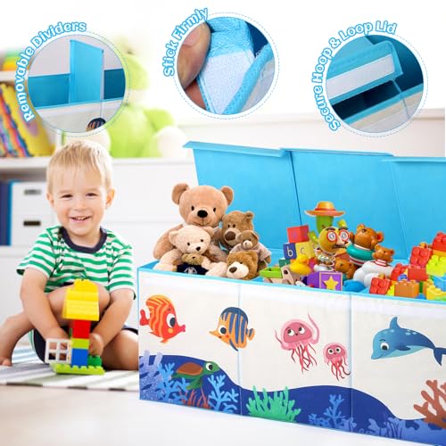 Extra Large Toy Box, Collapsible Storage Organizer with Lids, Sturdy Ocean Toy Chest for Boys Girls, 40"x14"x16" Kids Storage Bin Box Baskets for Living Room, Playroom, Bedroom, Nursery - color: Blue