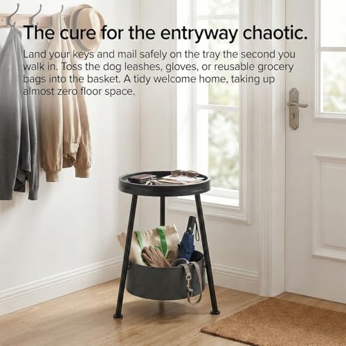 LEMONDA Small Round Side Table with Storage Basket, 11.8" Compact End Table with Tray Top & Fabric Bin, Black Wood Bedside Nightstand for Living Room, Bedroom, Small Spaces - color: Black