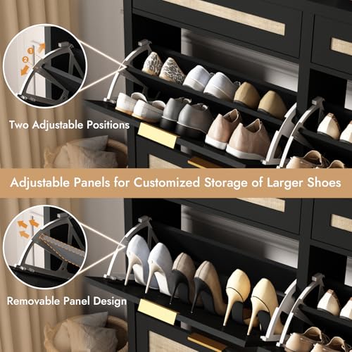 HOKYHOKY Large Rattan Shoe Storage Cabinet with 4 Flip Drawers & 2 Storage Drawers – Hidden Slim Shoe Organizer for Entryway, Large Tabletop Space, Farmhouse Boho Narrow Shoe Rack, Rustic Black - color: Rustic Black, size: 4 Flips