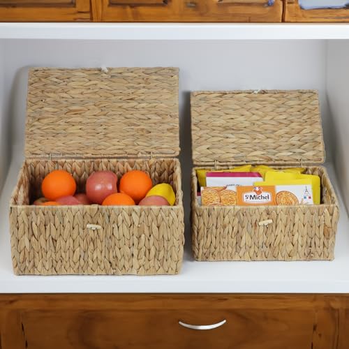ORDELITE Set of 2 Wicker Basket with Lid, Rectangular Water Hyacinth Storage Baskets for Organizing, Decorative Woven Basket Bins Boxes for Organizing Home - size: 14.2" x 9.4" x 7" + 12.2" x 7.8" x 6"