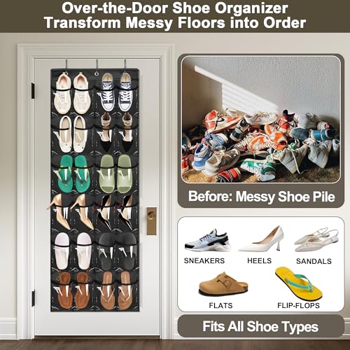 Over the Door Shoe Organizer - Space Saving Shoe Rack for Closet Door with 24 Crystal Clear Pockets and Metal Hooks, Shoe Holder Back of Door Organizers for Shoes, Hanging Shoe Organizer (Black) - color: Black, size: 1pc
