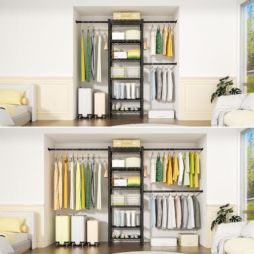 Ulif M5 Wall Mounted Clothes Garment Rack, Heavy Duty Closet Storage and Organizer System with 6 Shelves and 3 Expandable Hanger Rods, Space Saver Suit (46.2-102.4)" W x 14" D x 83.1" H, Black - color: Black, size: M5