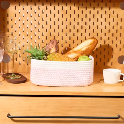 MiniArk Small Storage Baskets for Organizing | Closet Organizer Bins | Shelf Toy Basket | Woven Rope Baskets | Cube Decorative Box | Shallow Basket | 11.5x7.5x4.7” | 3 Packs White Pink - color: Off White/Pink, size: 3pcs-L11.5xW7.5xH4.7"