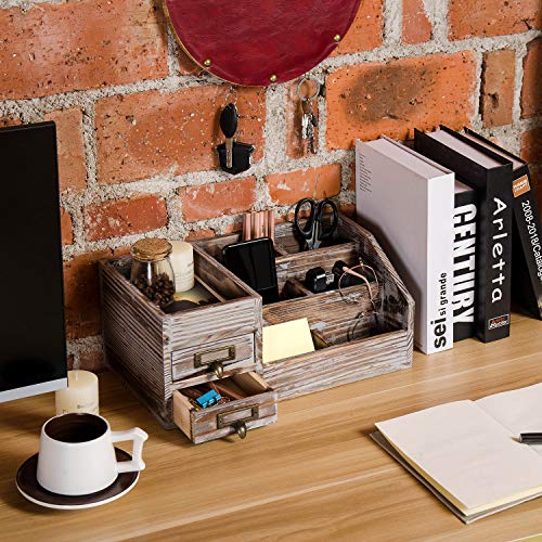 Liry Products Rustic Torched Wooden Desktop Organizer Dark Brown Tabletop Storage Cabinet Stepped Rack Multiple Compartments 2 Tier Drawers Makeup Accessory Sorter Display Box Home Office Supplies - color: Rustic Brown
