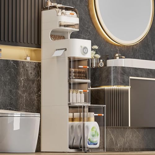 Waterproof Slim Bathroom Storage Cabinet, Narrow Plastic Drawers Organizer with Tissue Box and Wheels, Space Saver for Kitchen Laundry Room Bedroom