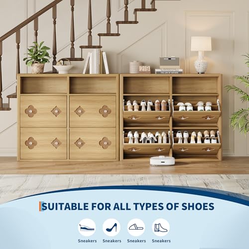 GarveeHome Shoe Cabinet with 4 Flip Drawers, Narrow Wood Shoe Organizer Cabinet with Floral Pattern, Freestanding Slim Shoe Rack Cabinet with Adjustable Shelves & Open Storage, for Entryway, Natural - color: Natural Wood Color, size: 4-Drawers
