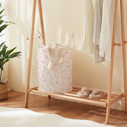 TECHMILLY Large Storage Basket for Girls and Boys, Collapsible Laundry Hamper with Long Handles, Toy Bins for Nursery, Kids Room Décor (Bowknot) - color: Bowknot, size: 1 Pack