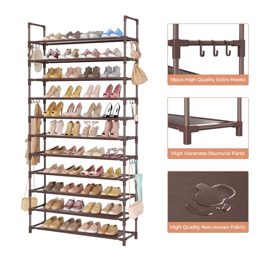 LANTEFUL 11 Tiers Tall Shoe Rack Holds 55 Pairs of Shoes with 18pcs Hooks Sturdy Wide Shoe Organizer Storage Free Standing Metal Shoe Shelf for Closet, Entryway Brown - color: Brown, size: 11 Tier-74.8" High-34" Wide