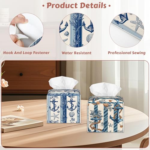 2 Pcs Tissue Box Cover Square,Anchor Starfish Tissue Box Holder Leather Facial Paper Organizer Dispenser for Bathroom Kitchen Bedroom Night Stand Office Desk - color: Anchor Starfish
