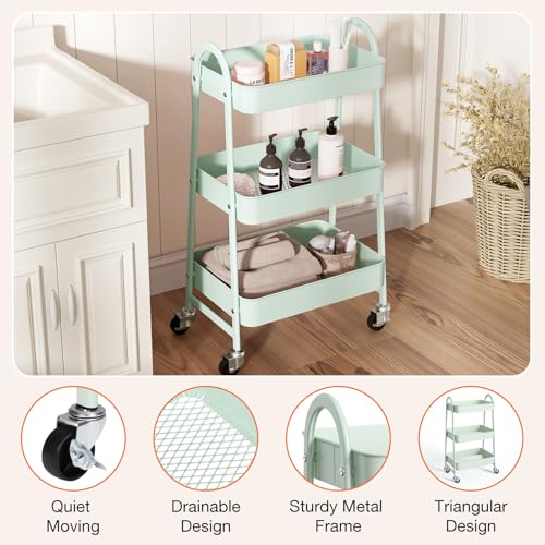 NEWBULIG 3-Tier Rolling Utility Cart with Locking Wheels, Slim Metal Mobile Storage Organizer Shelf for Small Spaces, Bathroom, Living Room, Green - color: Green, size: 3-Tiers