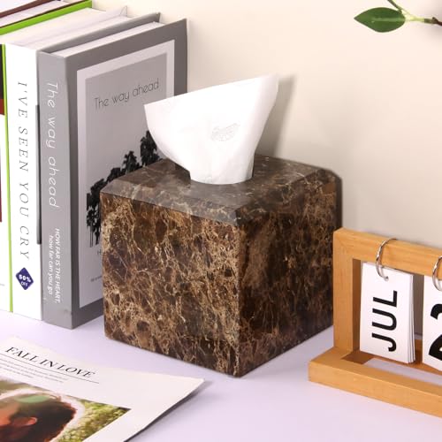 Natural Marble Square Tissue Box Cover,Stone Modern Decorative Sturdy Napkin Box Holder Case,Facial Paper Organizer for Bathroom Vanity Toilet Countertop,Kitchen (1, Dark Brown, 5.71 * 5.71 * 5.51) - color: Dark Brown