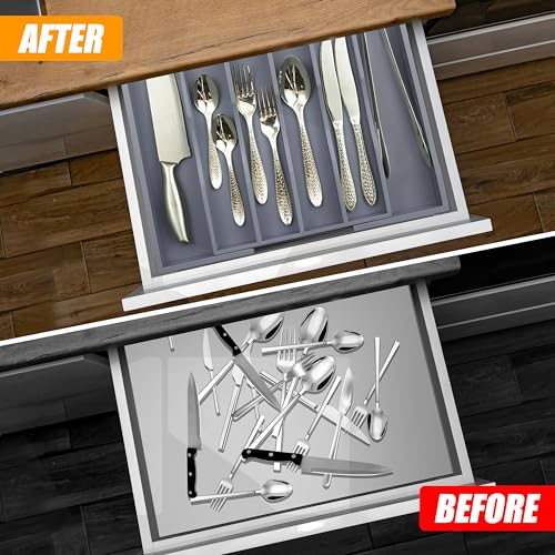 Kitchen Silverware Drawer Organizer and Storage Bamboo Wood Cooking Utensil Holder Cutlery Knife Jewelry Spice Rack Spoon Fork Multi Cabinet Organization Bathroom Counter Expandable Adjustable Tray - color: Gray, size: 7 Slots Expandable