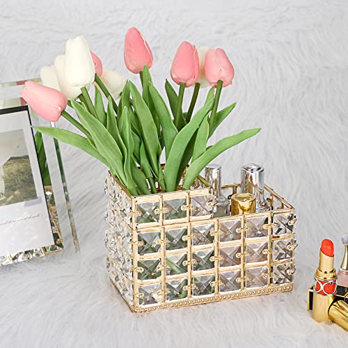Hipiwe Crystal Remote Control Holder Gold Bling Makeup Brush Organizer Remote Caddy Candle Tabletop Pen Pencil Storage for Dresser Office Bathroom, 2-Slot - style: 2-Slot, Gold
