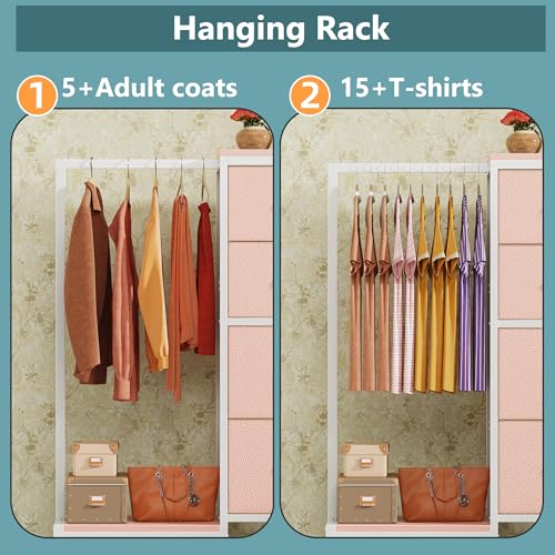 HIGDBFE Dresser with Hanging Rack, 4 Drawers Small Closet for Bedroom, Reversible Fabric Kids Chest of Drawers with Clothes Rack, Tall Storage Tower, Sturdy Frame, Pink, 44''H - color: Pink
