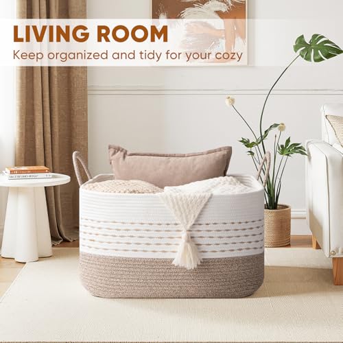 OIASKET 75L Large Cotton Rope Blanket Basket, Soft Baby Storage Basket for Toys, Pillow and Clothes，Decorative Woven Laundry basket with Handles for Living Room-Brown & White - color: Brown & White, size: 75L