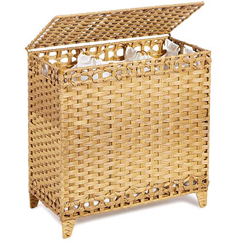 Laundry Hamper with 3 Removable Liner Bags; 132L Handwoven Rattan Laundry Basket with Lid & Heightened Feet; Clothes Hamper with Side Handles; Laundry Sorter with 3 Separate Sections - color: Natural, size: 132L-3 Section