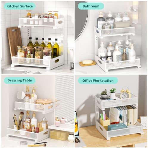 Under Sink Organizer, Extra-Wide Upgrade, 2 Pack 2 Tier Metal Slide Out Cabinet Organizer, Height Adjustable Organization and Storage Series, Bathroom/Cabinet/Kitchen organization, White - color: White - Double Pack, size: Wide Upgraded Version