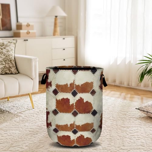Vintage Brown Cowskin Laundry Basket, Laundry Hamper Collapsible Oxford Cloth with Handle Clothes Toy Storage Bin for Bathroom Laundry Room Bedroom 15.7 X 20 Inch - color: Vintage Brown Cowskin